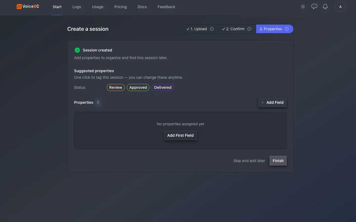 The Create a session properties screen where you can add properties to this group of files.