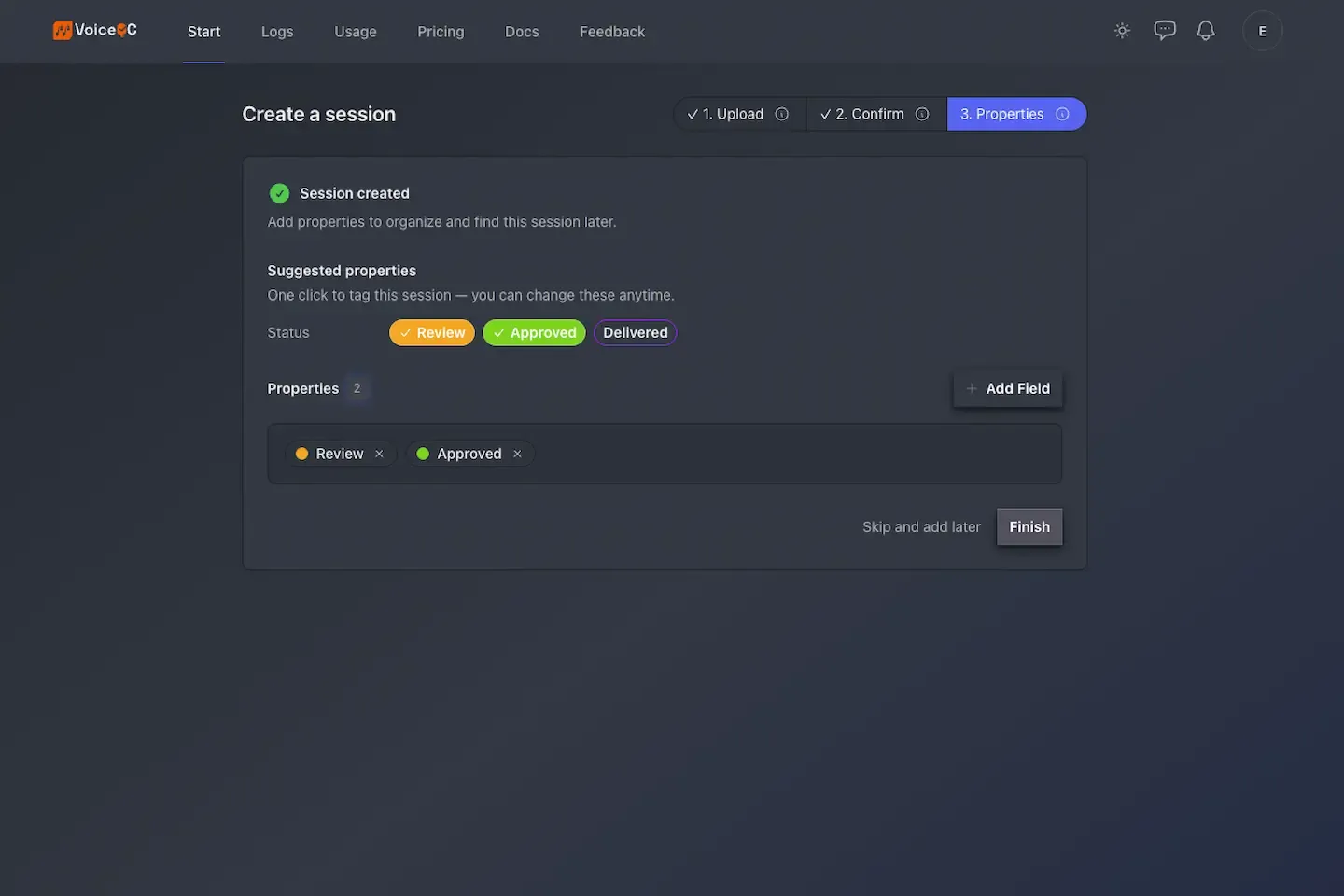 The Create a session properties screen with properties added.
