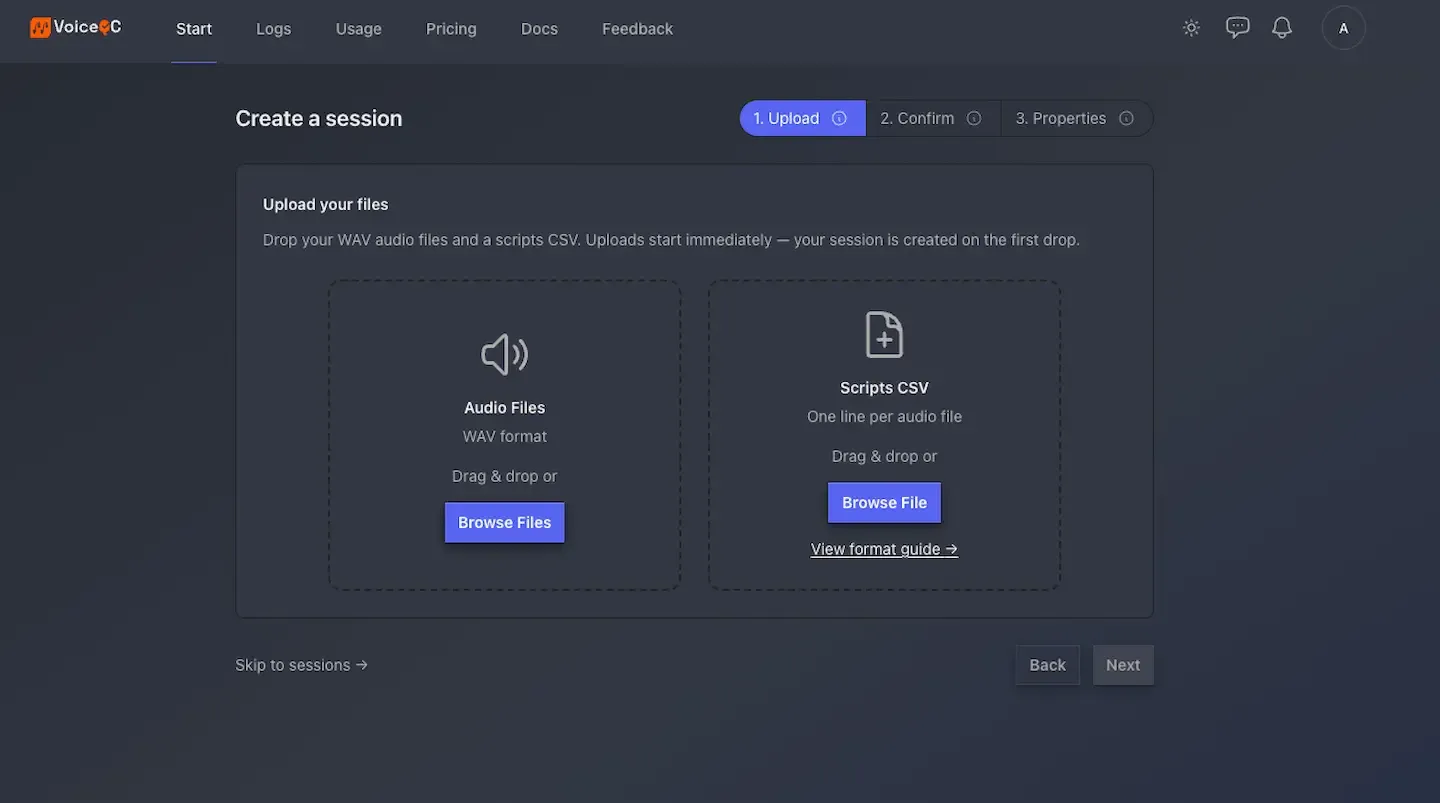 The Create a Session Upload screen with two drop zones for uploading audio files and script files.